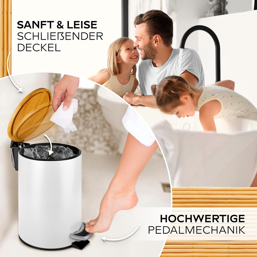 HIBATH® Kosmetikeimer aus Edelstahl mit Bambusdeckel (3 Liter, weiss) - Badezimmer Abfalleimer mit A