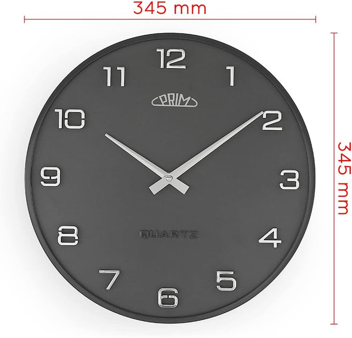 PRIM Design-Kunststoffuhr Bloom III – B, Moderne Wanduhr im Retro Style, Grafit, gewölbtes Glas, lux