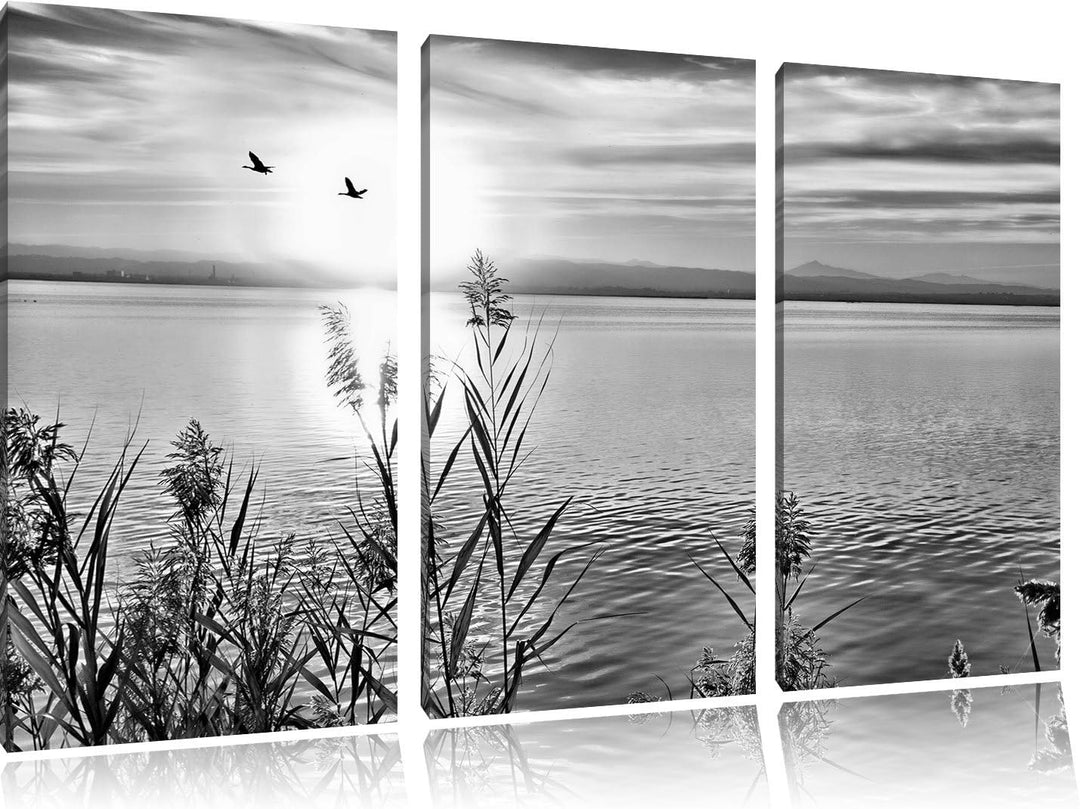 Pixxprint Monocrome, Sonnenuntergang am See 3-Teiler Leinwandbild 120x80 Bild auf Leinwand