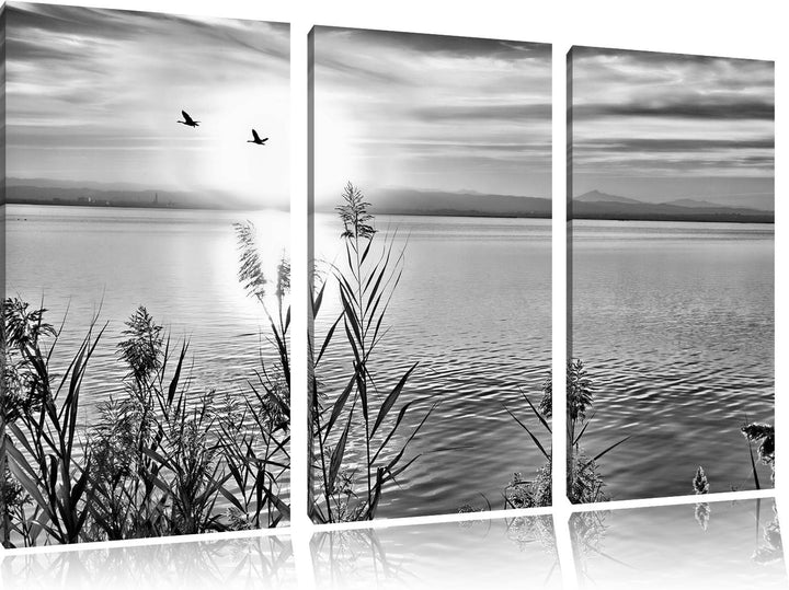 Pixxprint Monocrome, Sonnenuntergang am See 3-Teiler Leinwandbild 120x80 Bild auf Leinwand