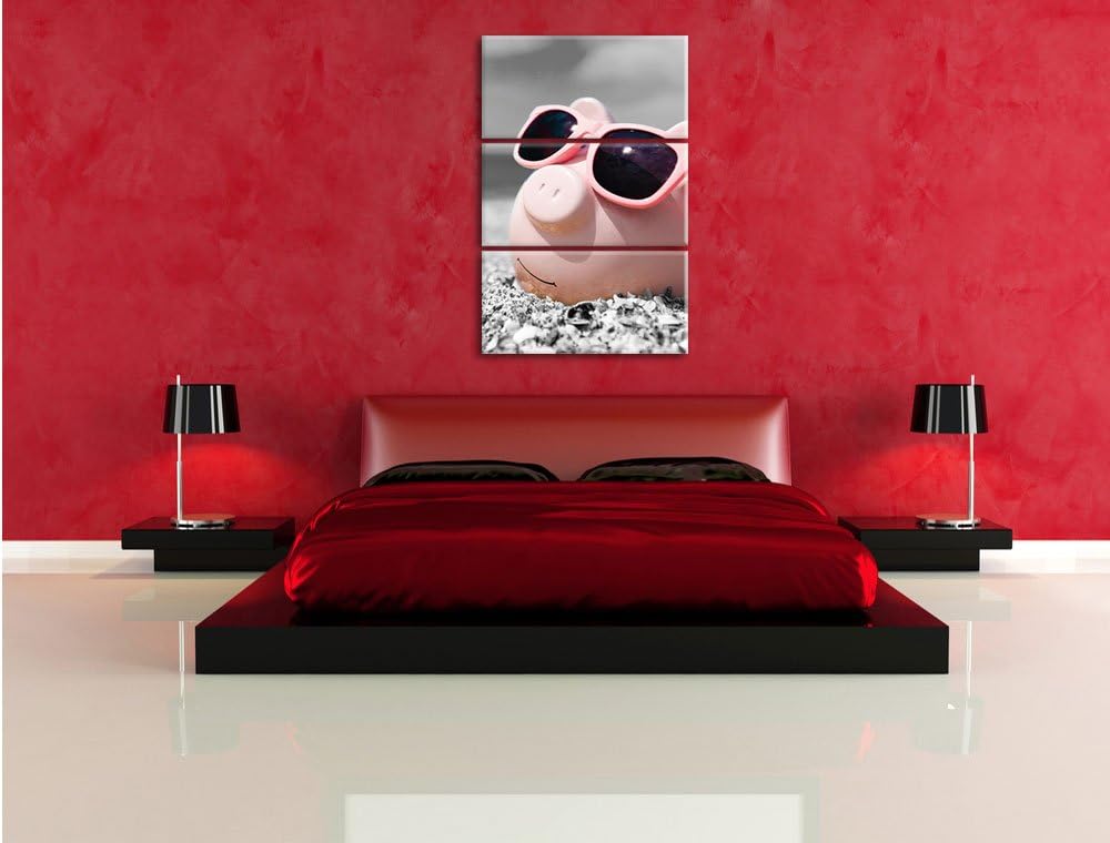 Pixxprint Cooles Sparschwein mit Sonnenbrille am Strand schwarz/weiss 3-Teiler Leinwandbild 120x80 B