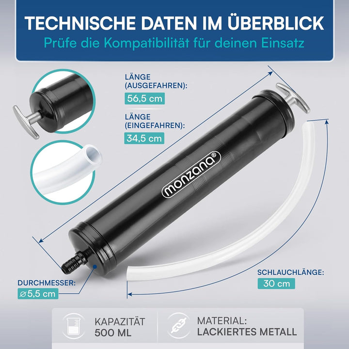 MONZANA® Ölabsaugpumpe 500 ml Volumen 300mm Schlauchlänge stabiles Metall T-Griff Ölpumpe Ölumfüllpu