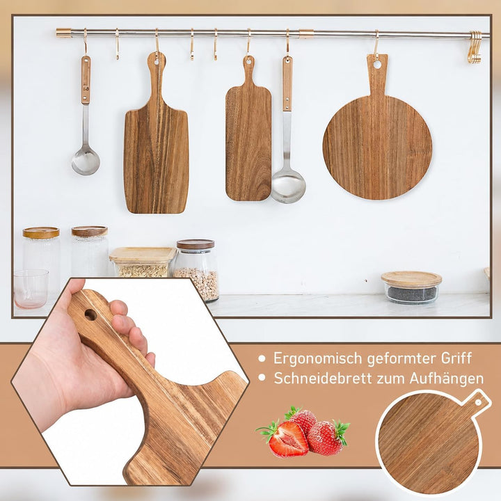 3er Set Akazienholz Schneidebretter mit Griff, 3 Formen Holz Holzbretter Holzbrett, Kuchen Servierbr