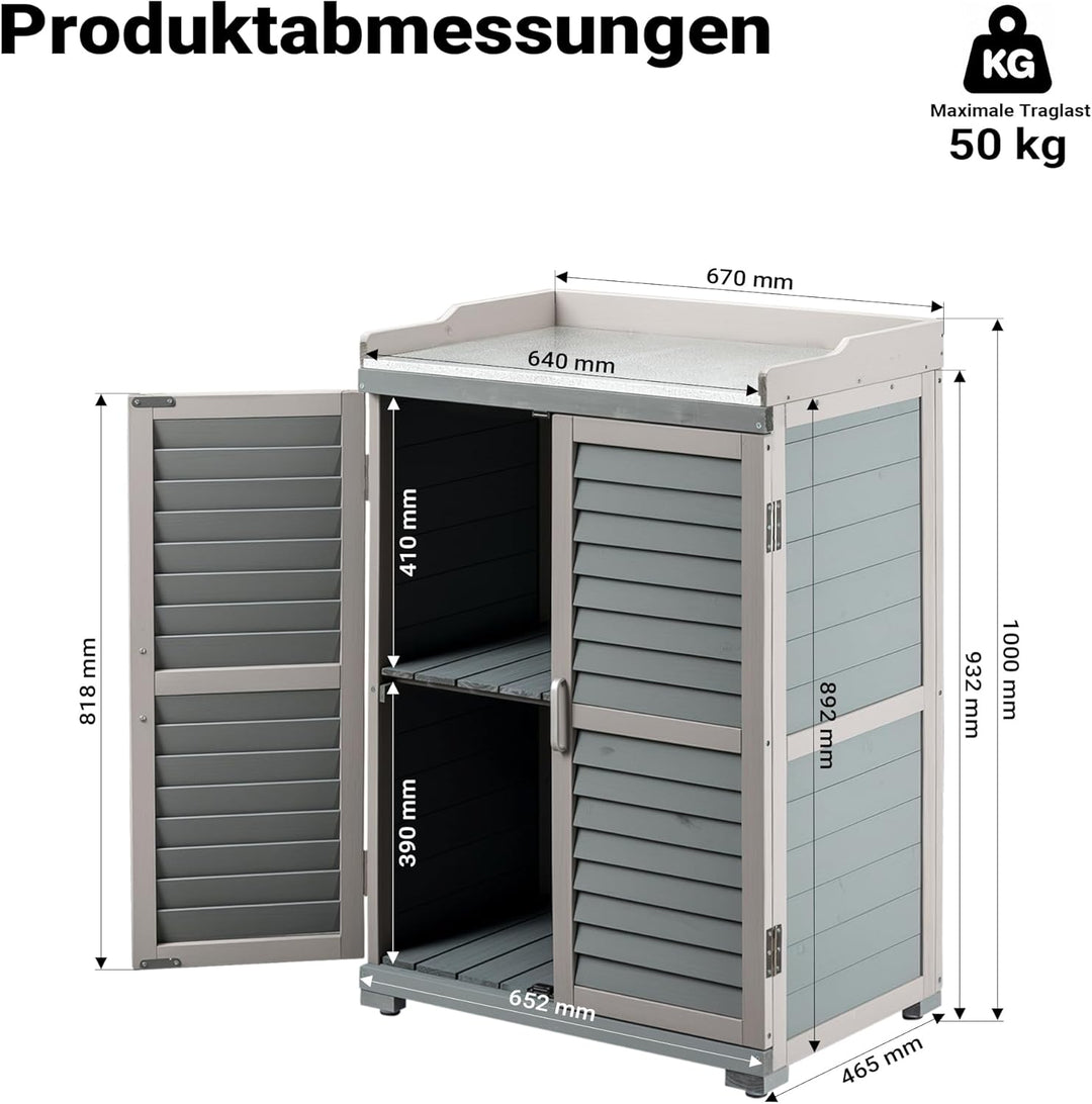 Gartentisch mit Unterschrank und Arbeitsplatte, Pflanztisch mit Schutzleisten, grau