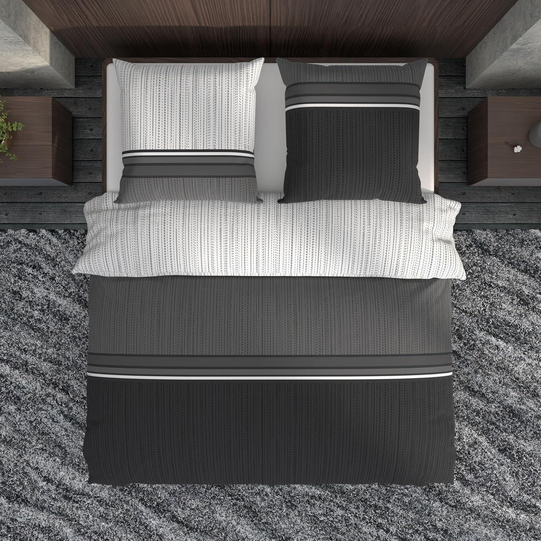 LARAWELL Bettwäsche 135x200 Baumwolle Ganzjahres Bettwäsche-Sets grau schwarz gestreift Premium Grau