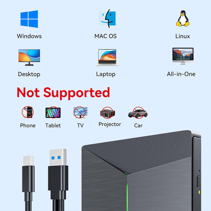 Externes Blu-Ray-DVD-Laufwerk, MthsTec USB 3.0 und Typ-C Blu-Ray-Brenner, DVD-Brenner, 3D Slim Optic