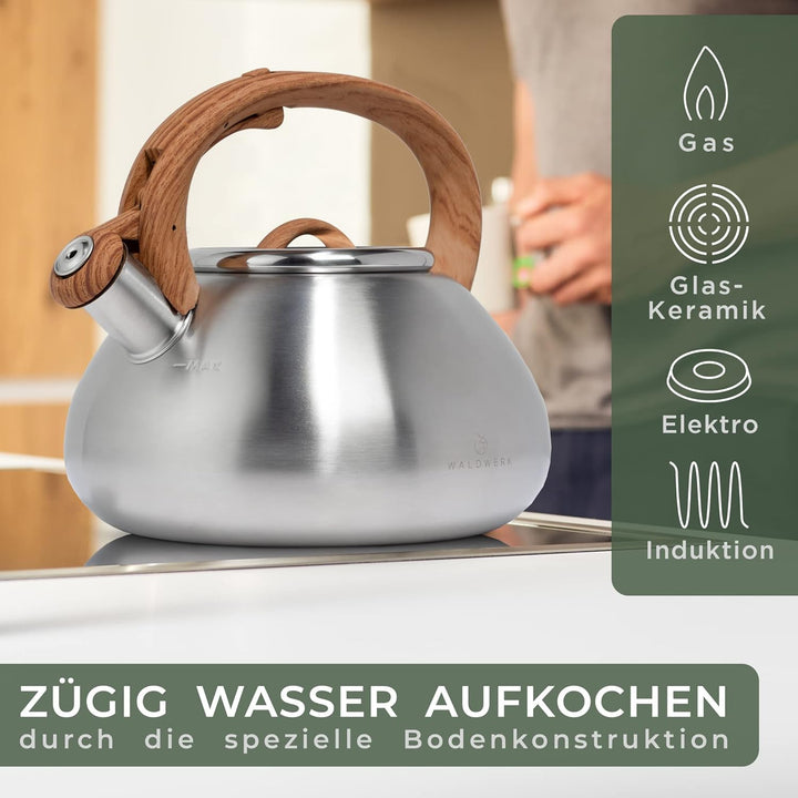 WALDWERK Wasserkessel (2,3L) - Wasserkessel für Induktion und Gasherd - Teekessel mit Holzoptik Grif