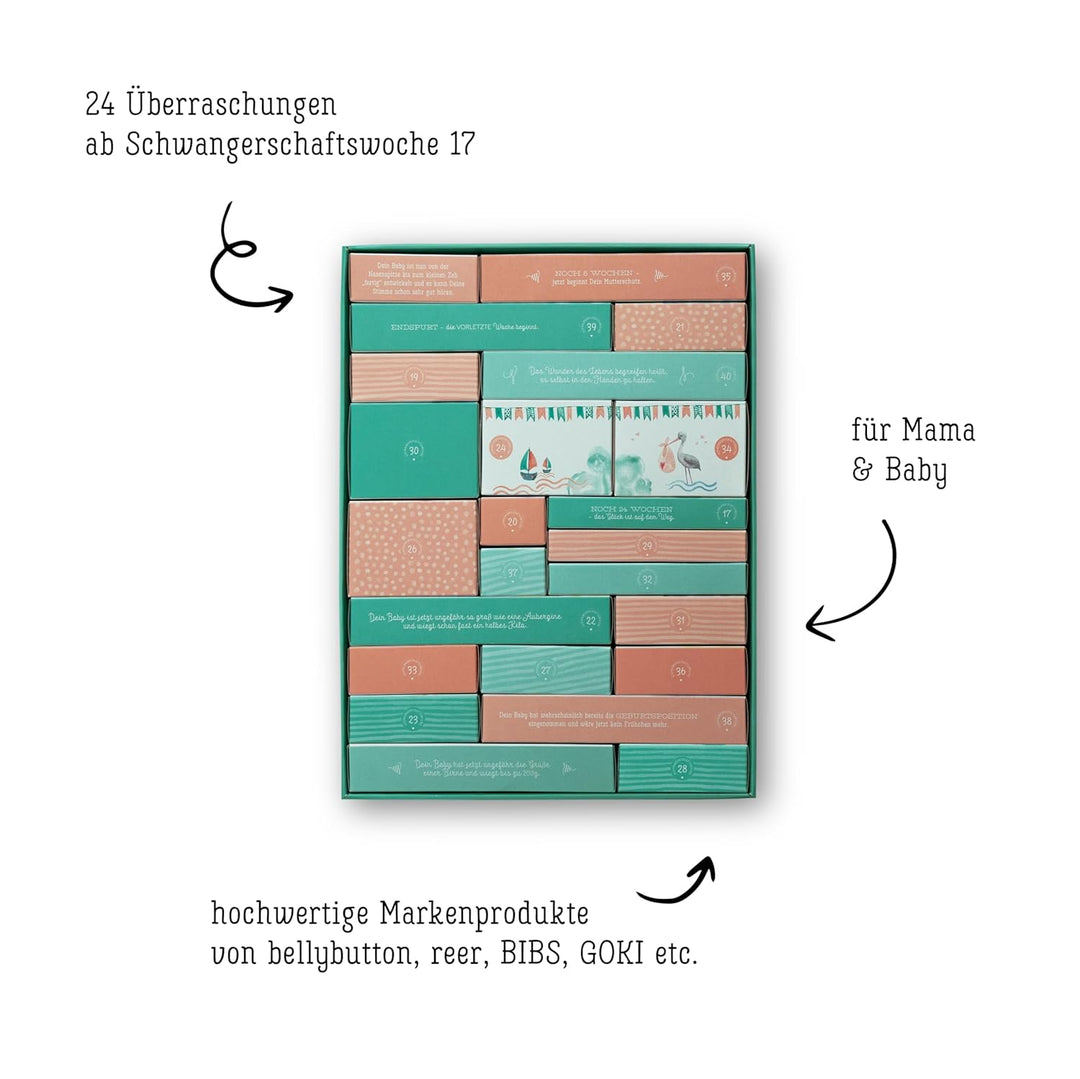 Erstausstattungs-Schwangerschaftskalender/Countdownbox mit Geschenken für 24 Schwangerschaftswochen