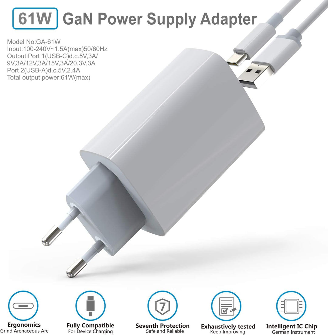Kompaktes 61W GaN Tech USB-C-Wandladegerät, Doppel-Port mit USB-A und USB-C, USB-C Laptops, Mac Book