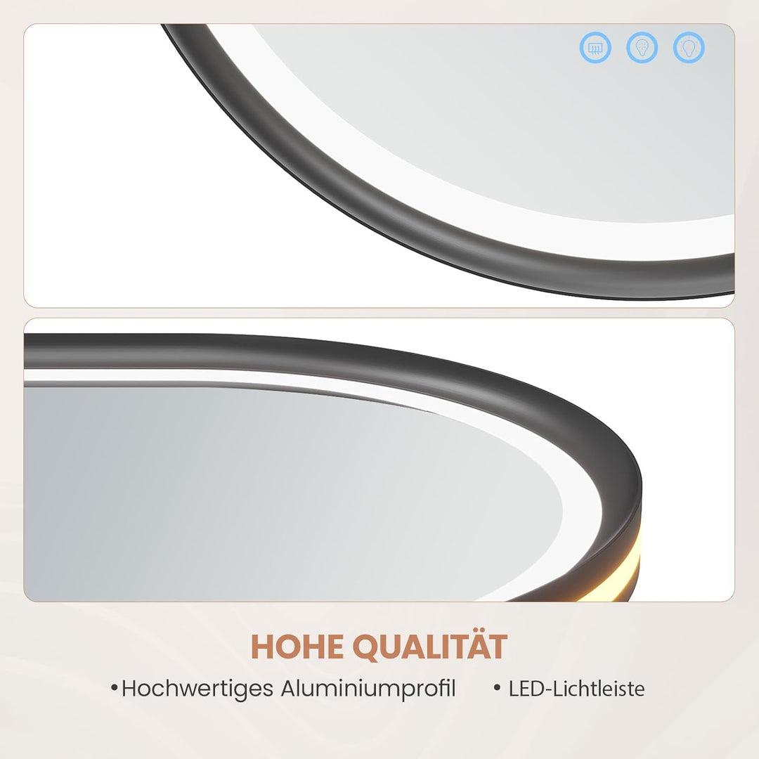 AQUABATOS Badspiegel mit Beleuchtung Oval schwarz quer senkrecht 60 x 90 cm Aluminiumrahmen Schrägde