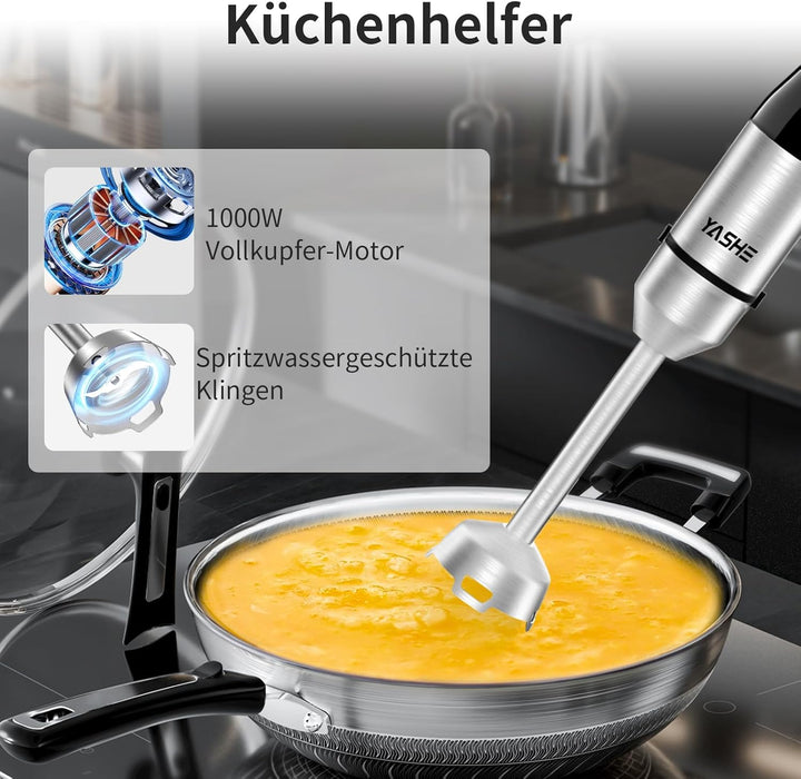 YASHE 5 in 1 Pürierstab,1000W Elektrische Stabmixer,Stufenlos Geschwindigkeiten Stabmixer,Edelstahl,