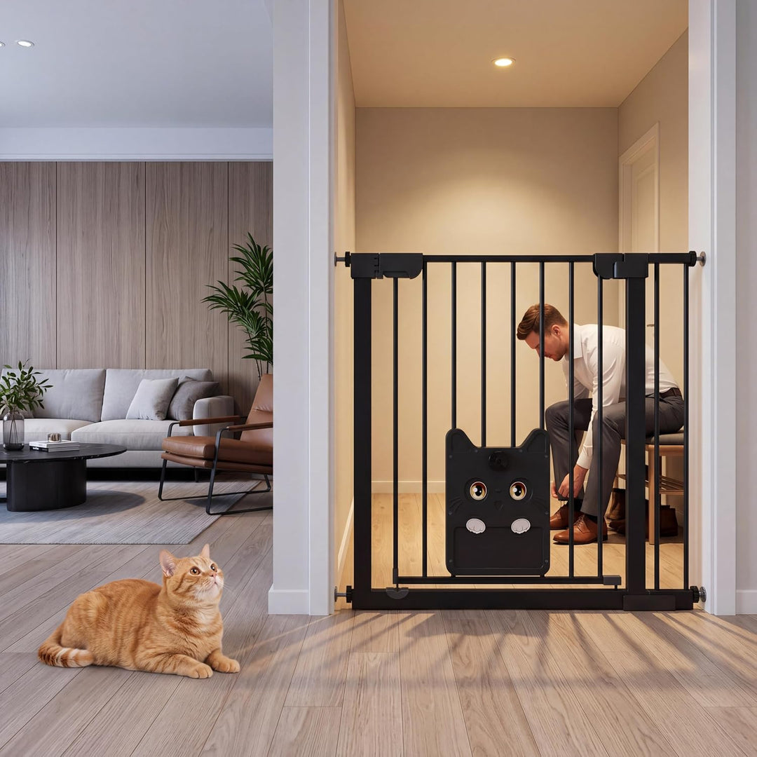 XMTECH Türschutzgitter mit Katzenklappe, ohne Bohren Schwarz 85-95cm | Selbstschliessend mit 90° Sto