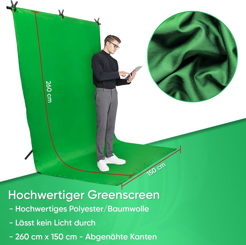 PIXETOOL - Greenscreen mit Ständer (2,6m x 1,5m) - Fotohintergrund - Fotostudio – Green Screen - Hin