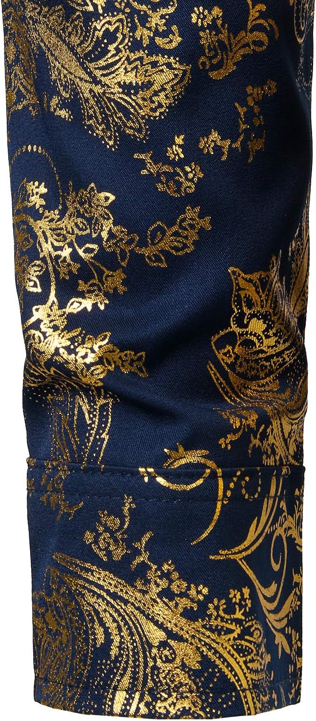 PARKLEES Herren Luxus Paisley Gemustert Golden Glänzend Slim Fit Freizeithemd M Navy Golden, M Navy