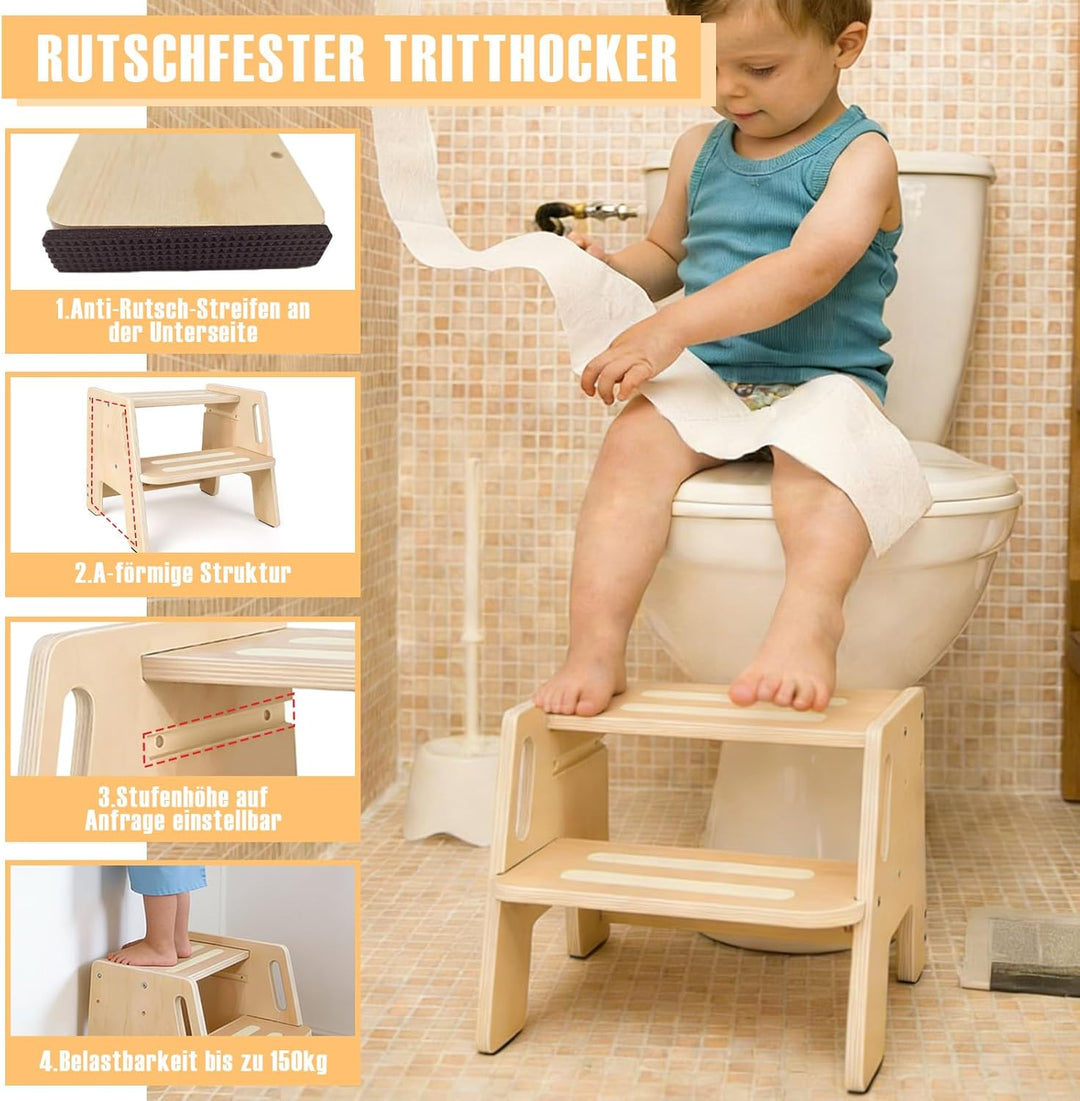 Tritthocker Kinder 2 Stufen – rutschfest, Holz mit Griff, Stabiler Hocker, Tragfähigkeit bis 150kg –