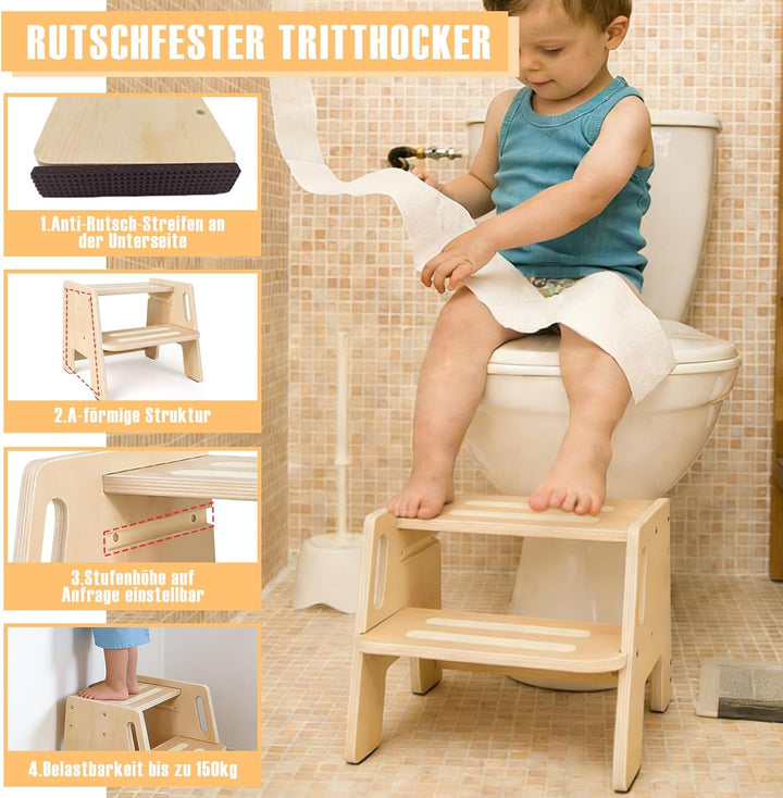 Tritthocker Kinder 2 Stufen – rutschfest, Holz mit Griff, Stabiler Hocker, Tragfähigkeit bis 150kg –