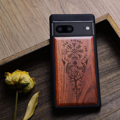 Carveit Holz Handyhülle für Google Pixel 7 Cover [Einzigartiges Design Case] Stossstange hülle Kompa