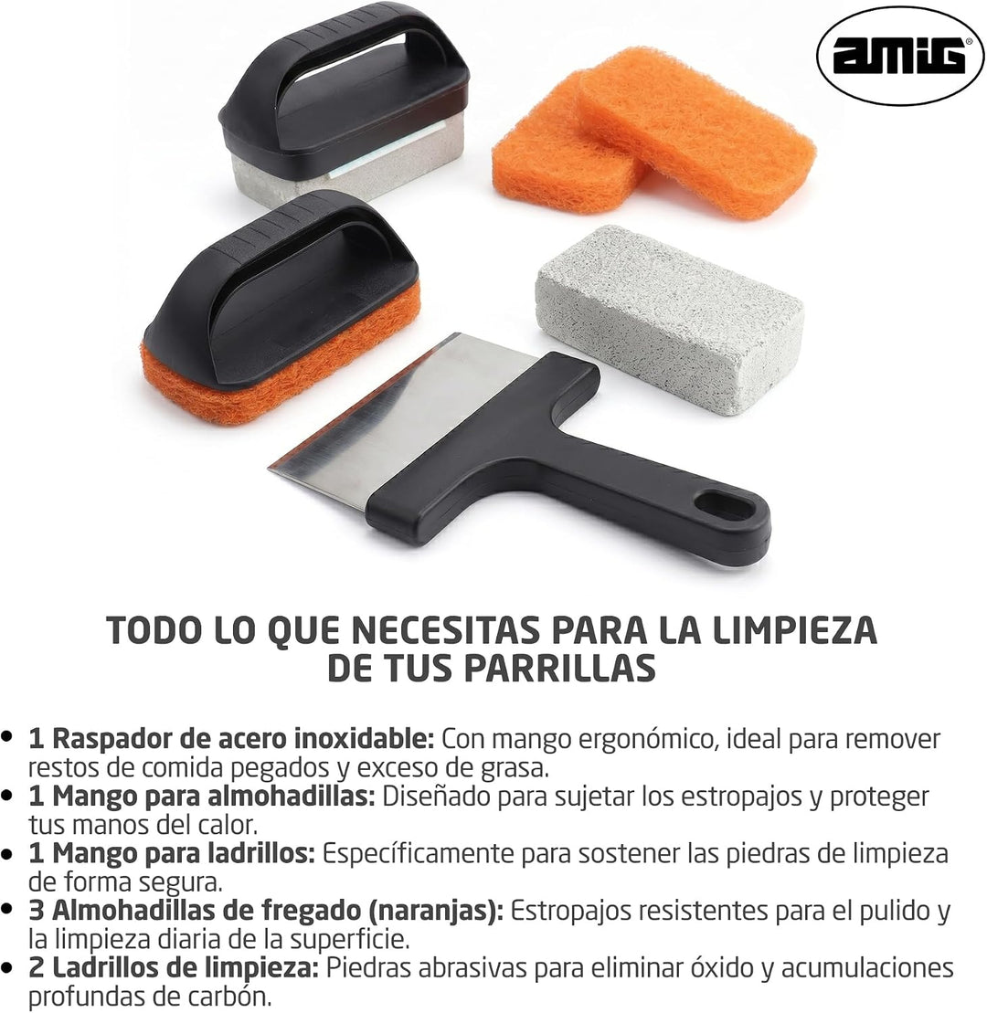 Amig - Kit 8 Reinigungszubehör für Grill AM22 - Schaber 23 cm + 3 Polyester-Schwämme + 1 PP-Schwamm