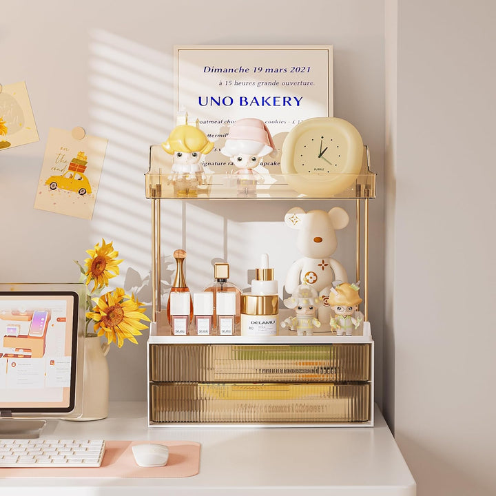 Delamu Make Up Organizer mit 2 Schubladen, 2 Etagen Kosmetik Organizer, Multifunktions Grösser Kosme