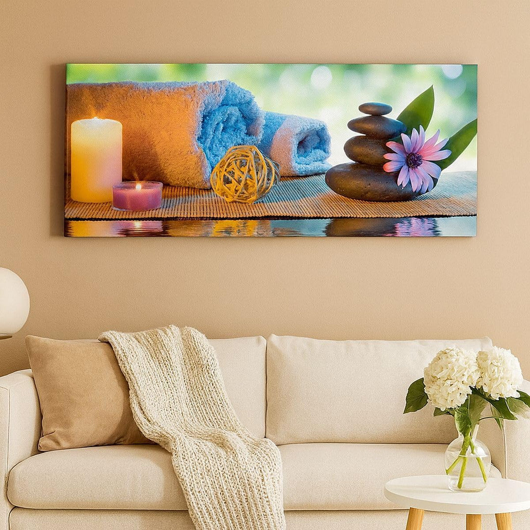 Panorama Bilder auf Leinwand 100x40cm Leinwandbild Natur Entspannung Spa Kerzen Gross Wanddeko Bild