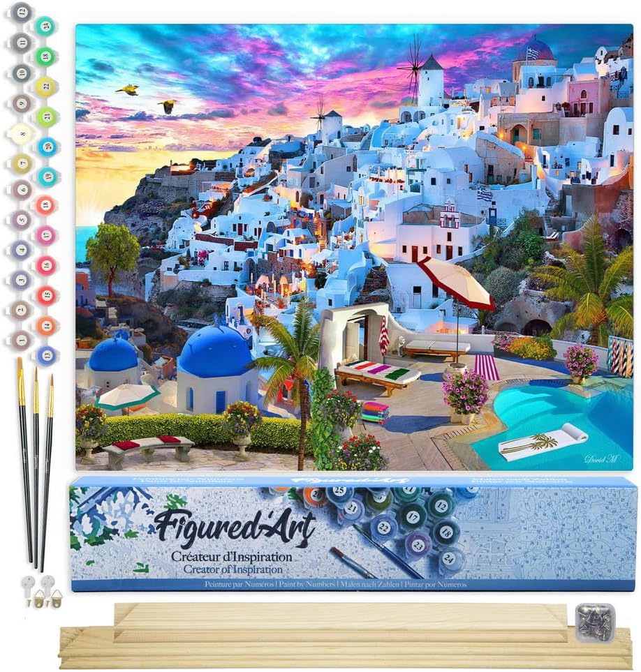 Figured'Art Malen Nach Zahlen Erwachsene Mit Rahmen Santorini - Paint by Numbers Basteln DIY Bastels