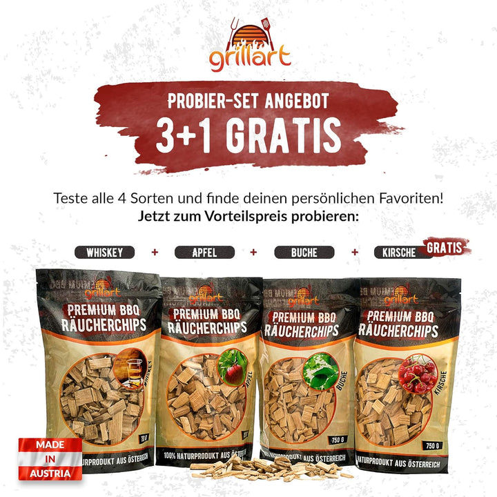 grillart® Premium BBQ Räucherchips Mix 4er XL Set für das besondere Raucharoma – sehr rauchaktives R