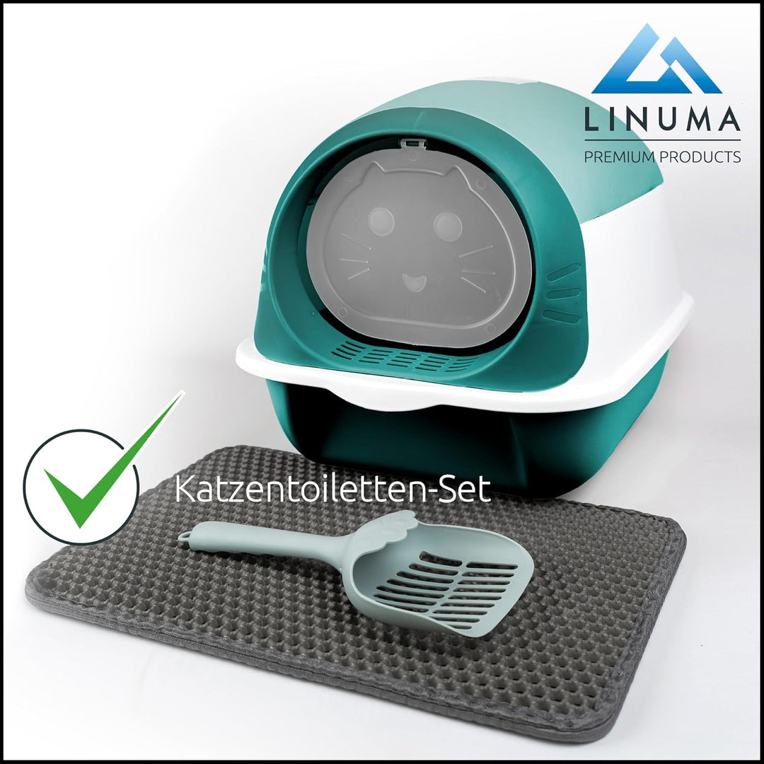 LINUMA® Katzenklo mit Deckel abnehmbar - Katzen Klo mit Katzenstreumatte, Streuschaufel & Aktivkohle