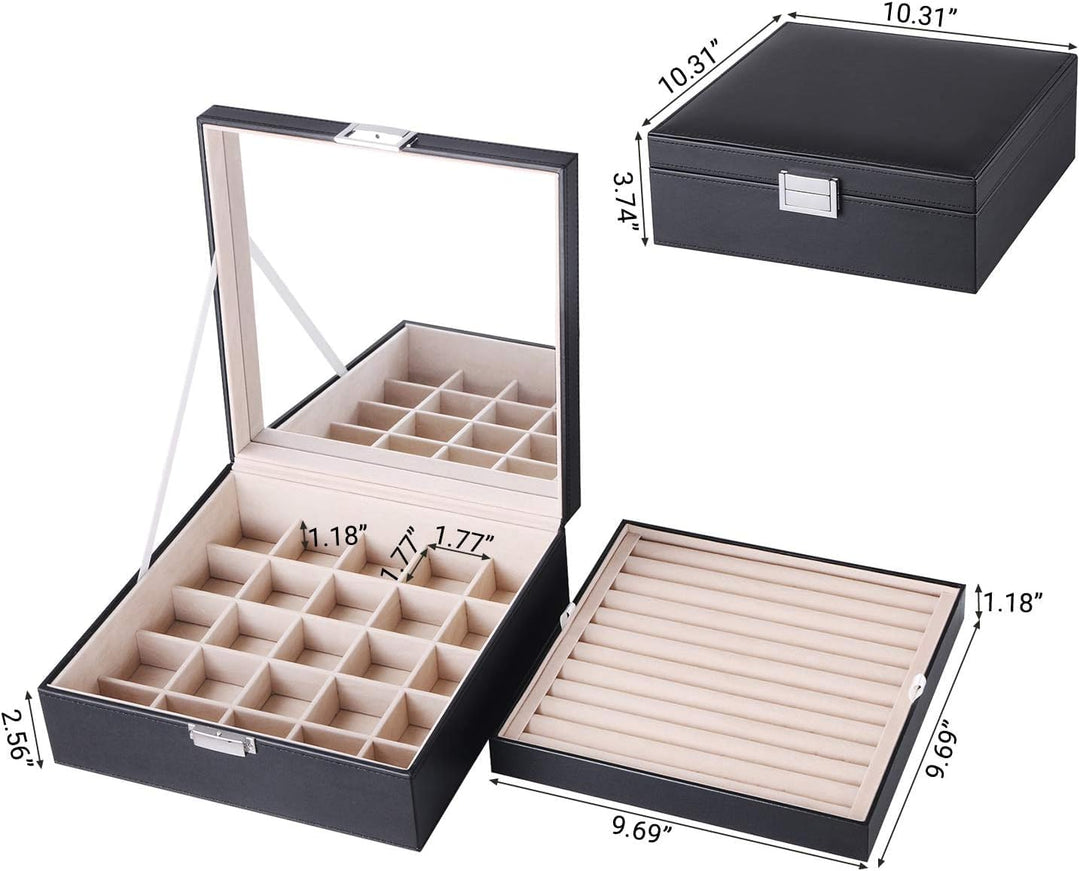 BEWISHOME Ring-Organizer und Ohrring-Box-Halter – 11 Ringschlitze, 25 Ohrringfächer, grosser Spiegel