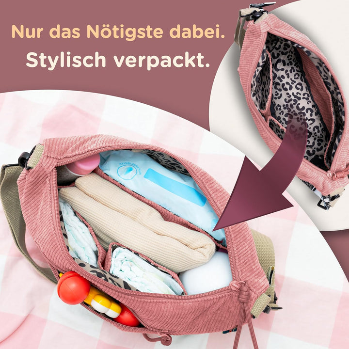 Jubi® Wickeltasche Moon Bag aus Cord Pink – Kinderwagenorganizer mit Kinderwagenbefestigung, Crossbo