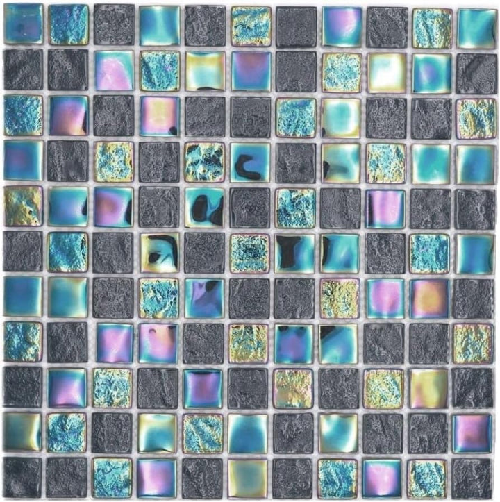Mosaikfliese Glasmosaik small flip flop irisierend schwarz saphirblau mehrfarbig Küchenrückwand Dusc