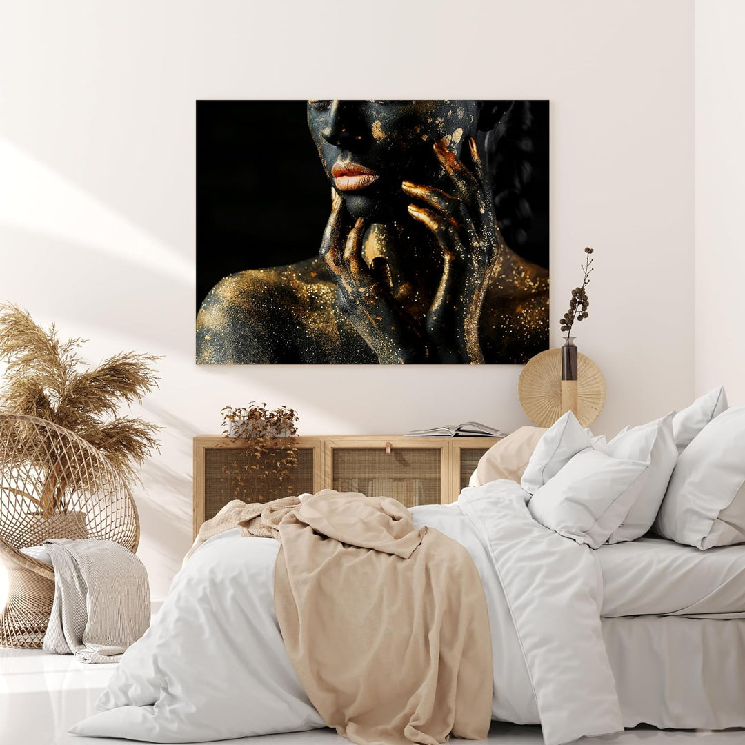 wandmotiv24 Leinwand-Bild Gold Collection, Grösse 40x30cm, Querformat, Frau in Schwarz mit Goldener