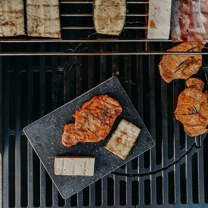 Lavastein Steakbrett, Servierplatte, Bambusbrett mit Hot Stone Grill, Steak Grillplatte, Steinplatte