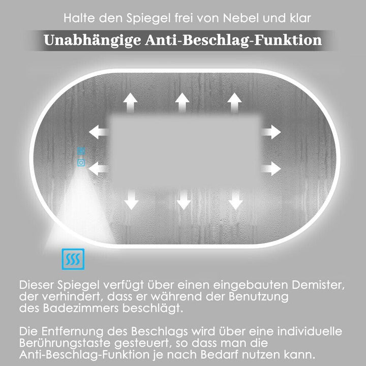 Ovaler Badspiegel mit Beleuchtung 50x70 cm LED Spiegel Bad mit Touch-Schalter Beschlagfrei Badezimme