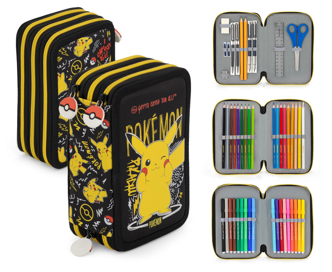 Pokémon Pikachu Federmappe Federtasche Qualitäts-Mäppchen 3-Fach gefüllt mit 42 Teilen Federmäppchen
