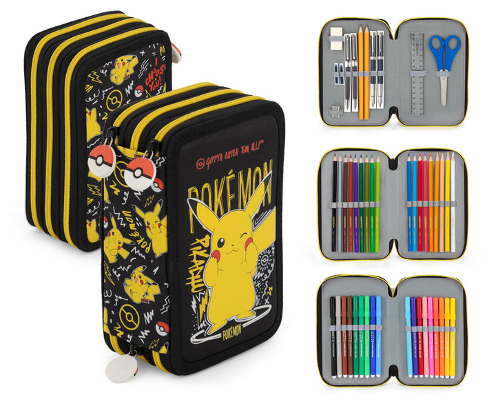 Pokémon Pikachu Federmappe Federtasche Qualitäts-Mäppchen 3-Fach gefüllt mit 42 Teilen Federmäppchen