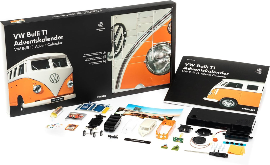 FRANZIS 55134 - VW Bulli T1 Adventskalender, Metall Modellbausatz im Massstab 1:43, inkl. Soundmodul