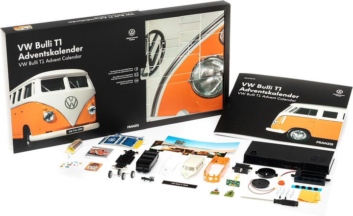 FRANZIS 55134 - VW Bulli T1 Adventskalender, Metall Modellbausatz im Massstab 1:43, inkl. Soundmodul