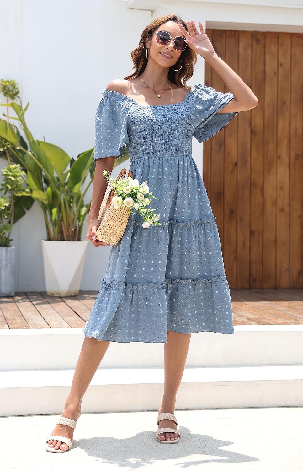 Damen Smocked Midi Kleid Kurzarm U-Ausschnitt Sommerkleid A-Linie Maxikleid Cocktail S Stahlblau, S