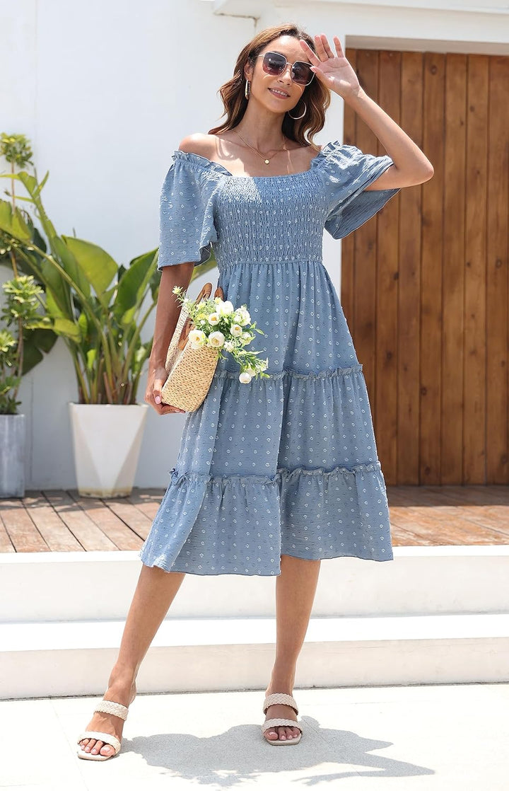 Damen Smocked Midi Kleid Kurzarm U-Ausschnitt Sommerkleid A-Linie Maxikleid Cocktail S Stahlblau, S