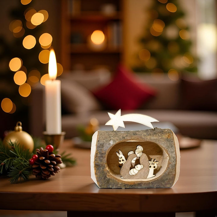 Kaltner Präsente Geschenkidee - Weihnachten Krippe aus Holz mit Jesus, Maria und Kind in einem Baums