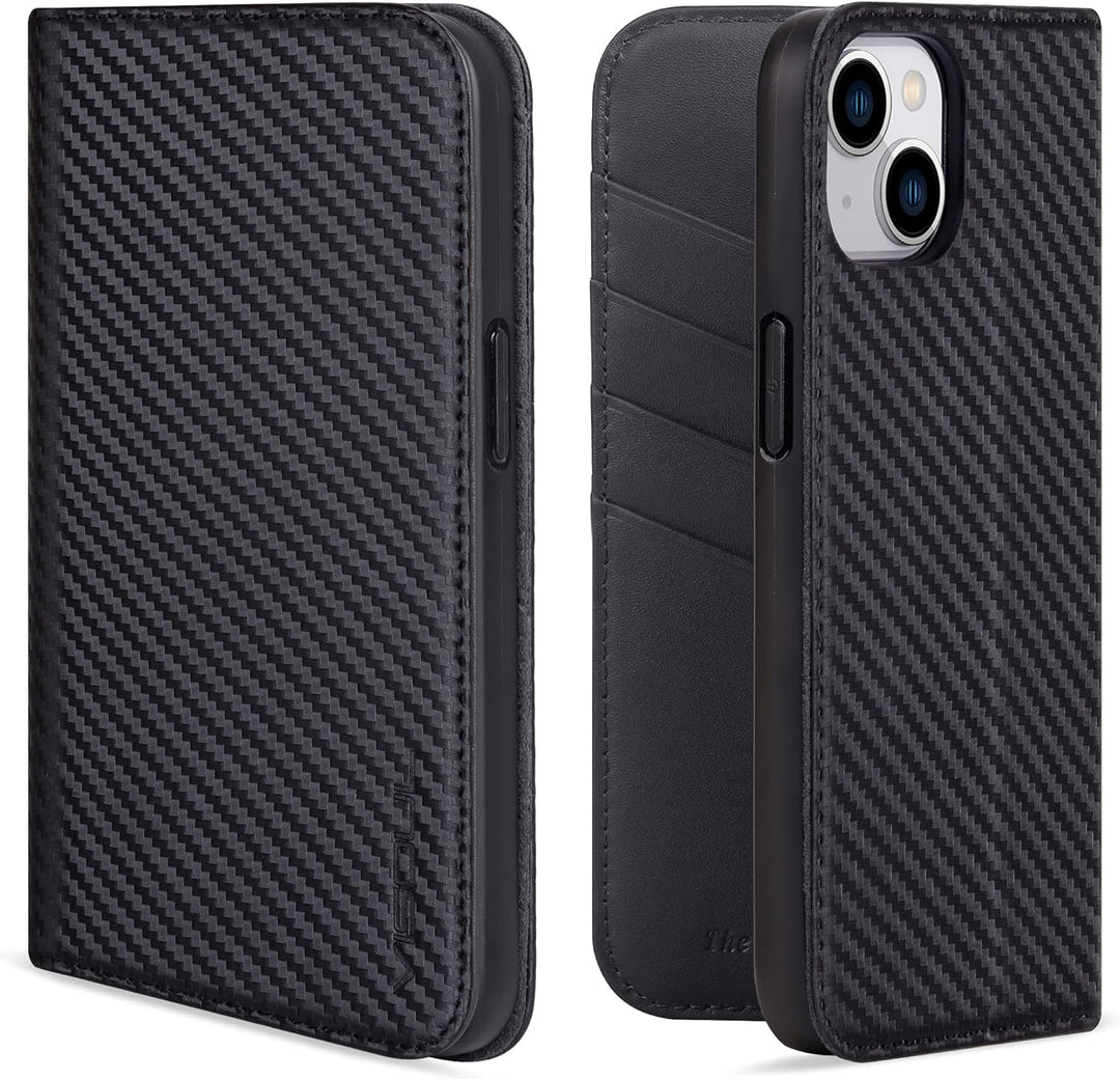 VISOUL iPhone 14 Plus Hülle, Handyhülle [100% Carbon Leder] [RFID Schutz] [Schützt vor Stoss] [Stand