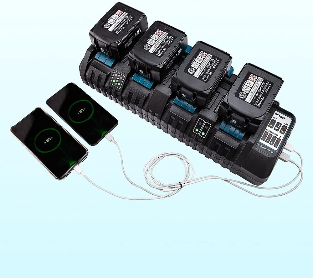 Hipoke DC18SF 4-Port Lithium-Ladegerät Kompatibel mit Makita 14,4V 18V 20V Akku BL1430 BL1450 BL1440