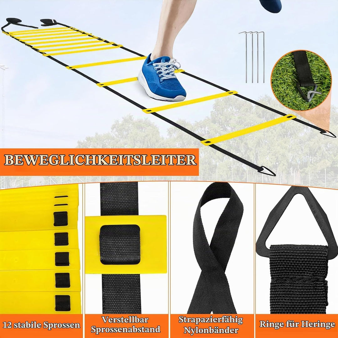 Fussball Training Set mit 6m Agility Leiter &amp; 12 Hütchen – Koordinationstraining für Jugendliche und