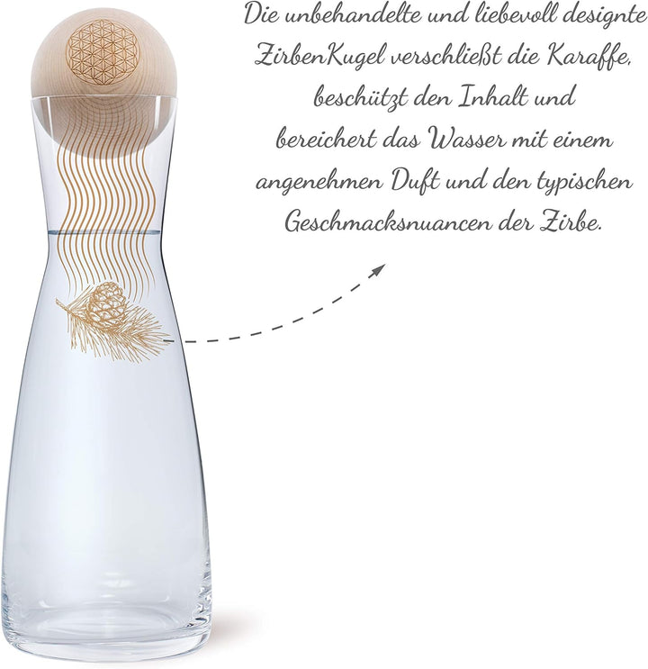 ORIGINAL ZirbenKugel Set „Blume des Lebens“ • 1 Liter Glaskaraffe Spiegelau mit natürlich duftender