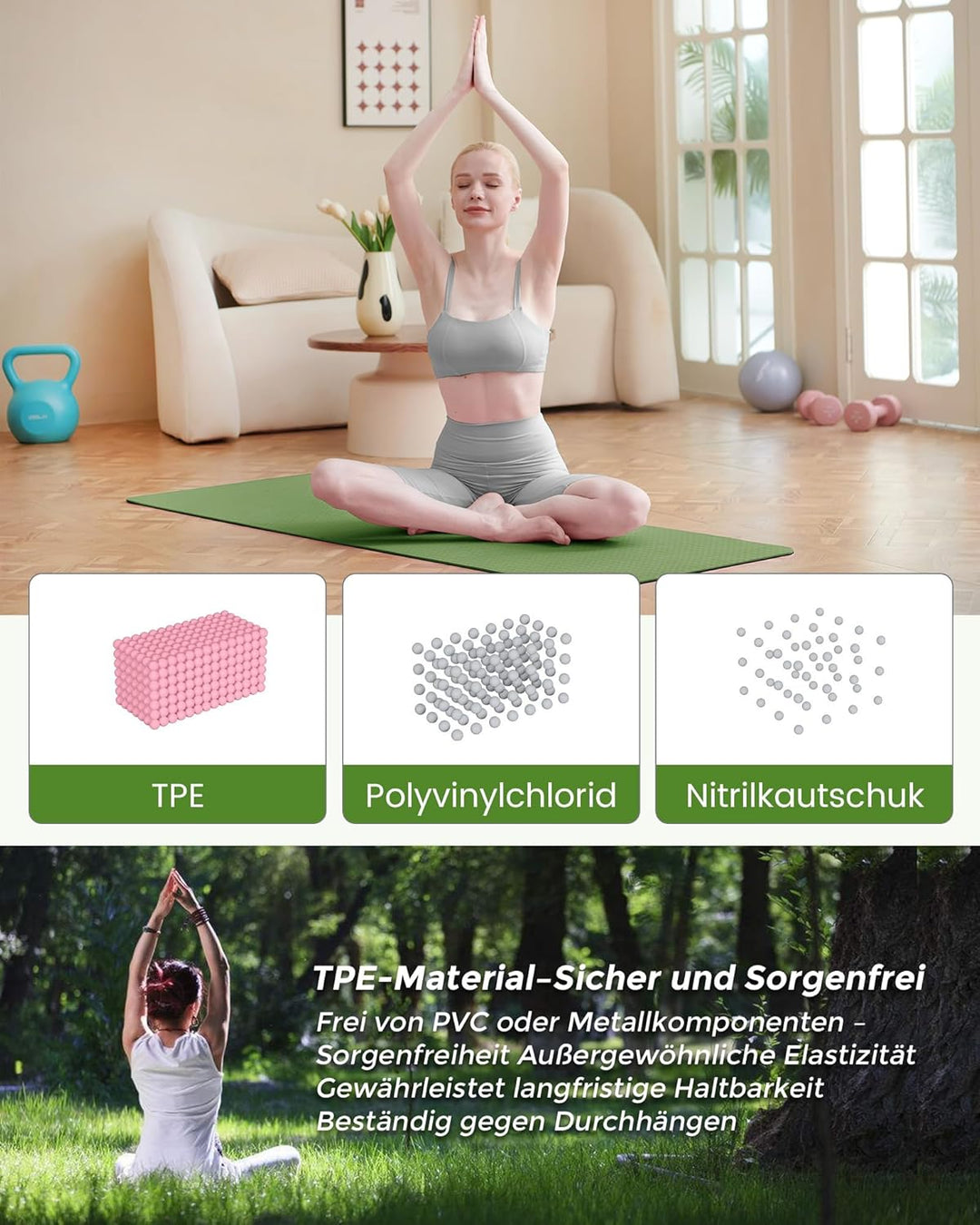 Oak &amp; Tea Yogamatte Rutschfest Fitnessmatte Umweltfreundliche TPE Sportmatte mit Tragegurt Gymnastik