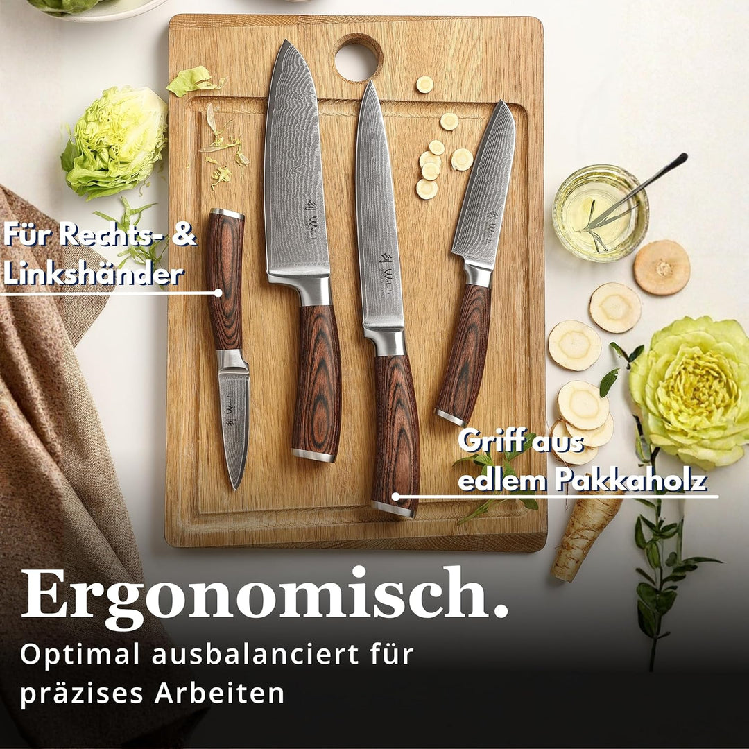 Wakoli 4er Damastmesser-Set mit Klingenlängen von 8,50cm bis 18cm extrem scharf aus 67 Lagen I Profi