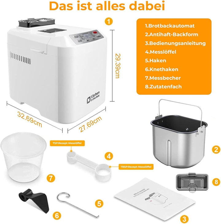 Kitchen in the box Brotbackautomat mit 12-in-1 Programmen, 2 Brotgrössen, 900g, Brotbackmaschine mit
