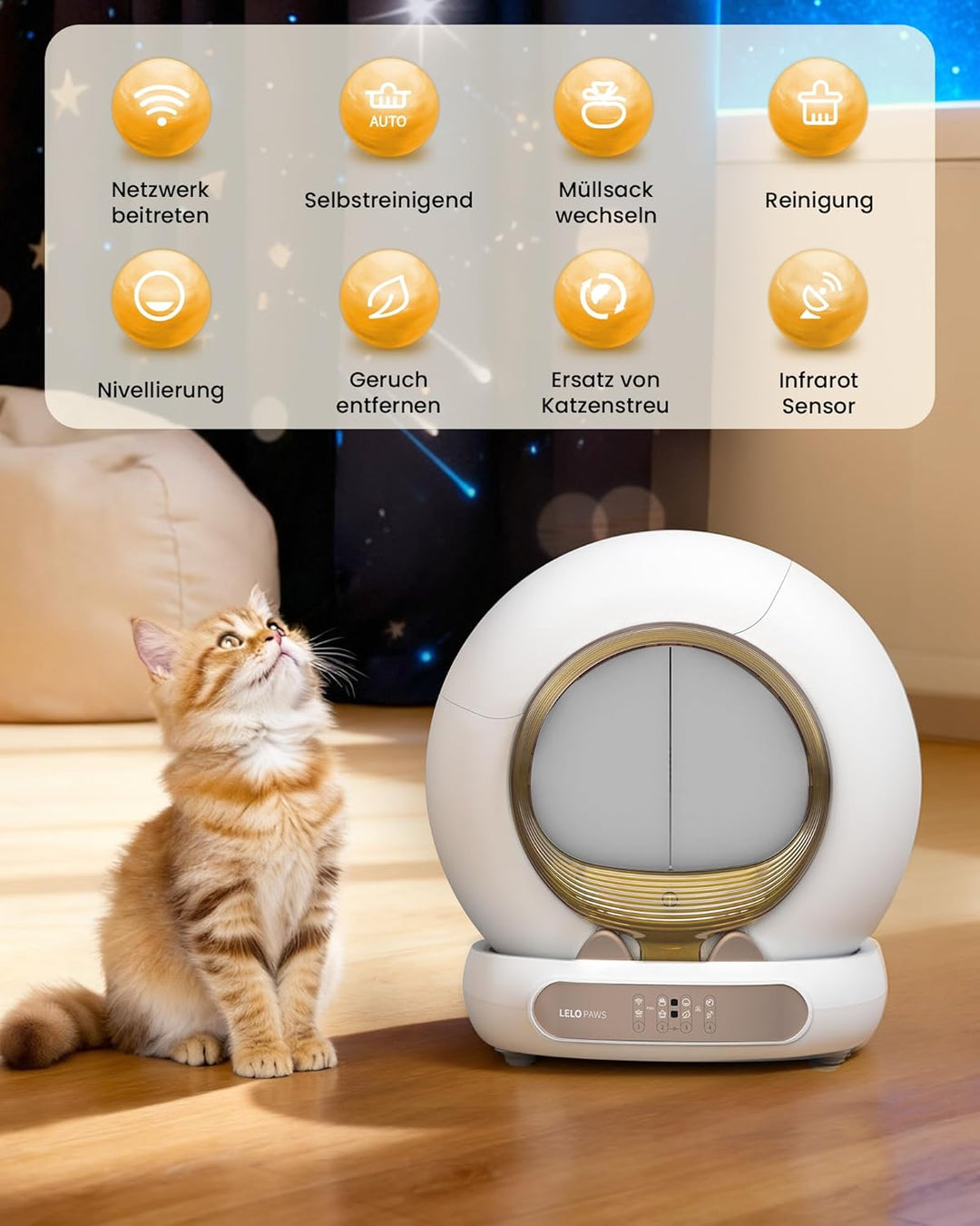 Selbstreinigende Katzentoilette mit Türvorhang, 65L+9L Katzenklo Selbstreinigend mit Müllbeutel, Mat