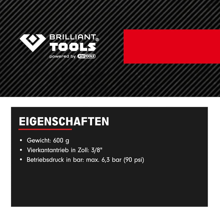 BRILLIANT TOOLS Druckluft Ratsche 3/8" BT160602 35 Nm I Umschaltratsche mit Vierkantantrieb nach DIN