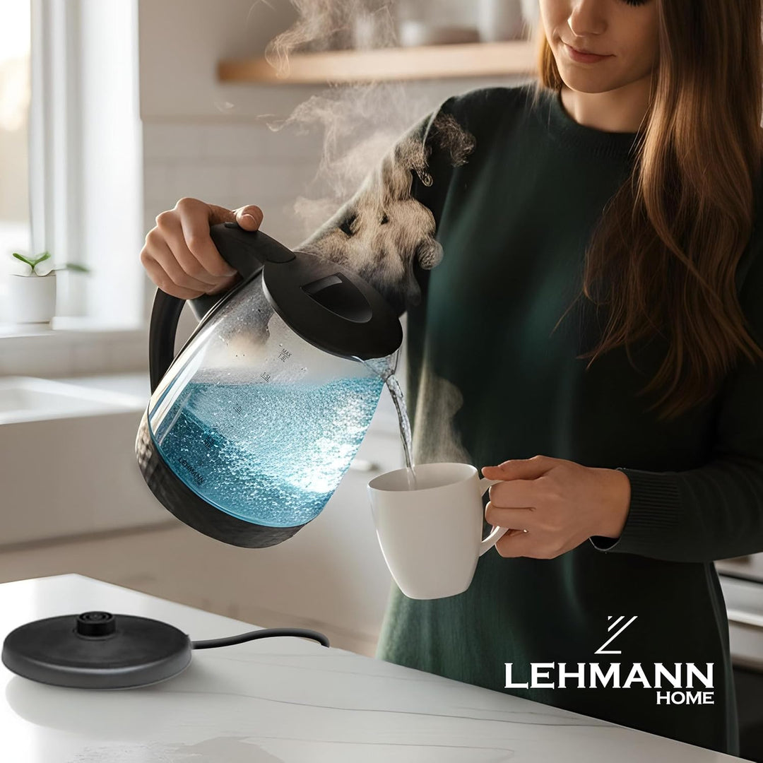Lehmann LHOEK-2220C Glas-Wasserkocher für die Küche 2L, 2200W elektrischer Wasserkocher aus Glas, Wa